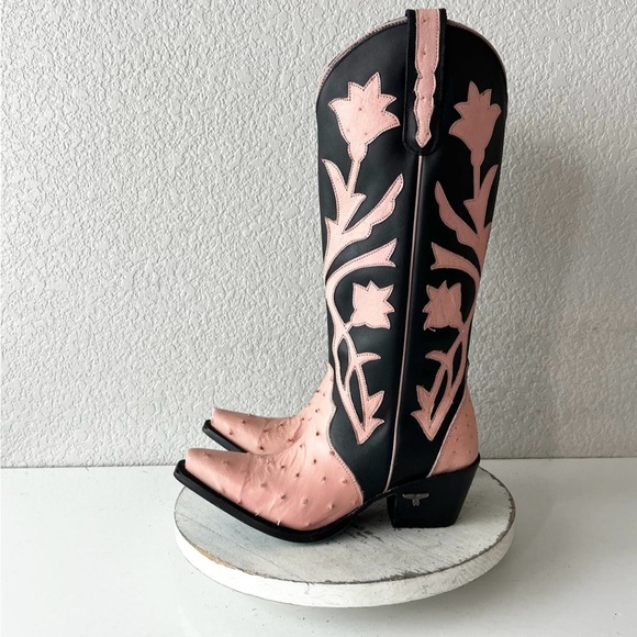 Lane Jolene Ostrich Boots pink and black 7 - Picture 6 of 12